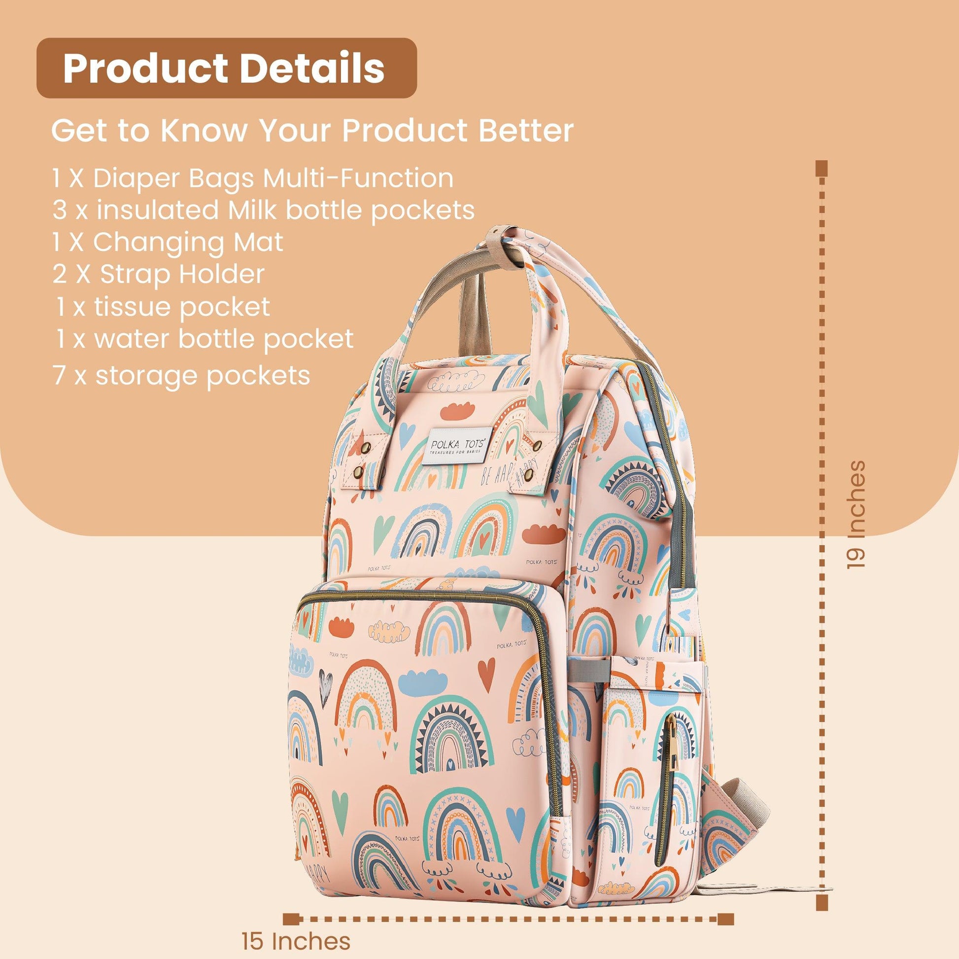 Multifunctional Premium Diaper Backpack Bag with Pouch Rainbow Print