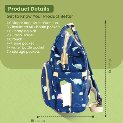 Premium 17+ Pockets Multifuncational Mother's Diaper Bag- Blue Elephant