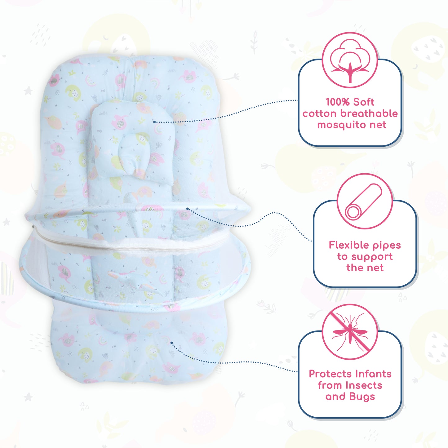 Polka Tots Cotton Baby Bedding Mosquito Net Set with Toys Dangling - Elephant print Blue