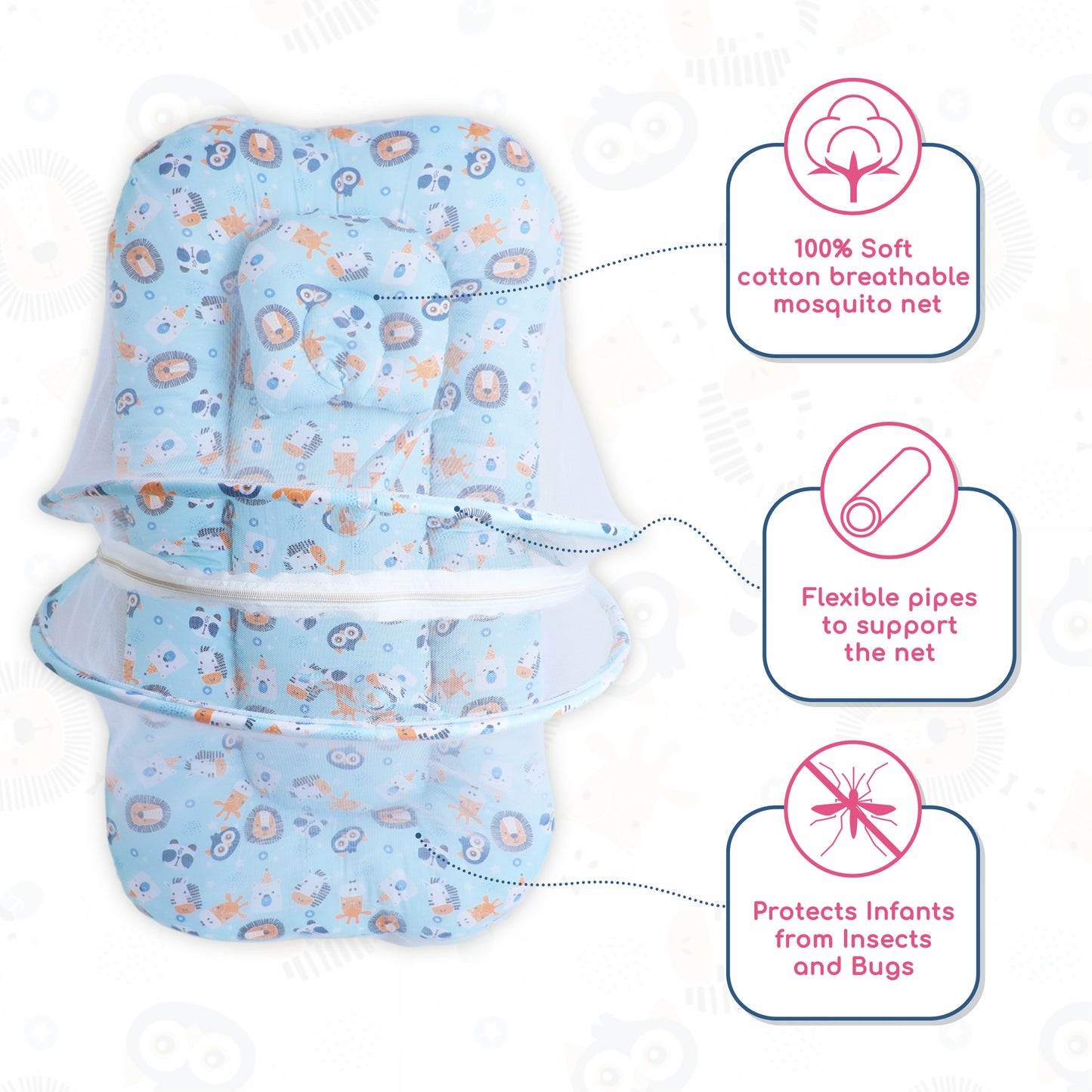 Polka Tots Cotton Baby Bedding Mosquito Net Set with Toys Dangling - Lion print Blue