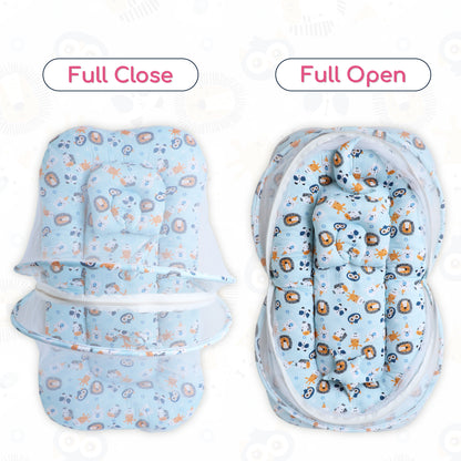 Polka Tots Cotton Baby Bedding Mosquito Net Set with Toys Dangling - Lion print Blue