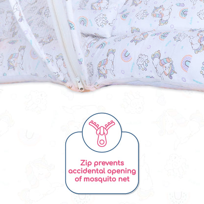 Polka Tots Cotton Baby Bedding Mosquito Net Set with Toys Dangling - Unicorn print White