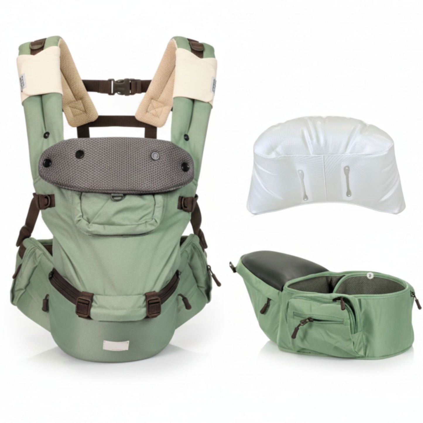 Polka Tots 6-in-1 Hip Seat Baby Carrier with Airbag, Extra Cushioning for C-Section Moms, Waist Belt up to 47 Inches with Lumbar Support (Green)