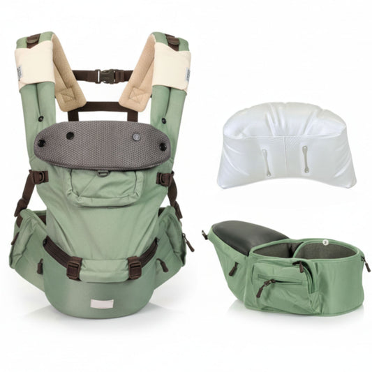 Polka Tots 6-in-1 Hip Seat Baby Carrier with Airbag, Extra Cushioning for C-Section Moms, Waist Belt up to 47 Inches with Lumbar Support (Green)