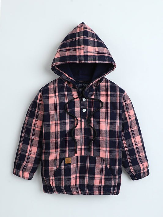 Polka Tots Kids Full Sleeves Checked Hoodie Shirt - Black and Orange