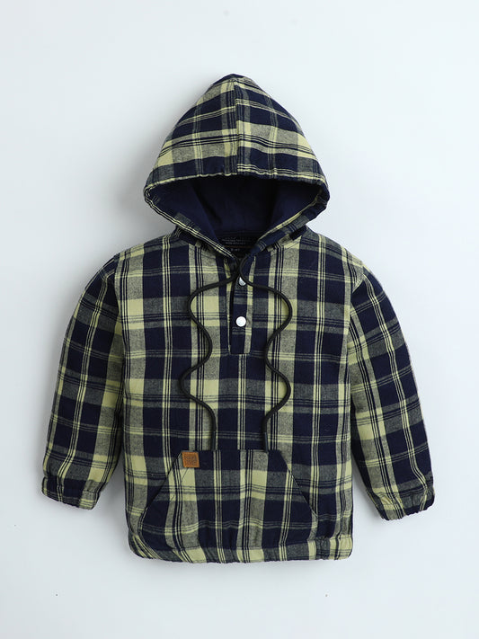 Polka Tots Kids Full Sleeves Checked Hoodie Shirt - Black and Green