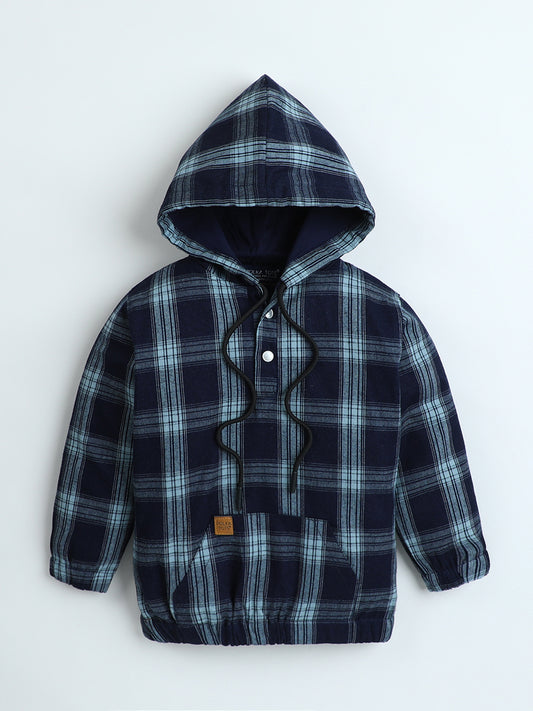 Polka Tots Kids Full Sleeves Checked Hoodie Shirt - Black