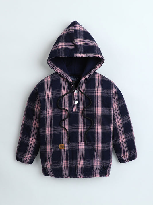 Polka Tots Kids Full Sleeves Checked Hoodie Shirt - Black and Pink