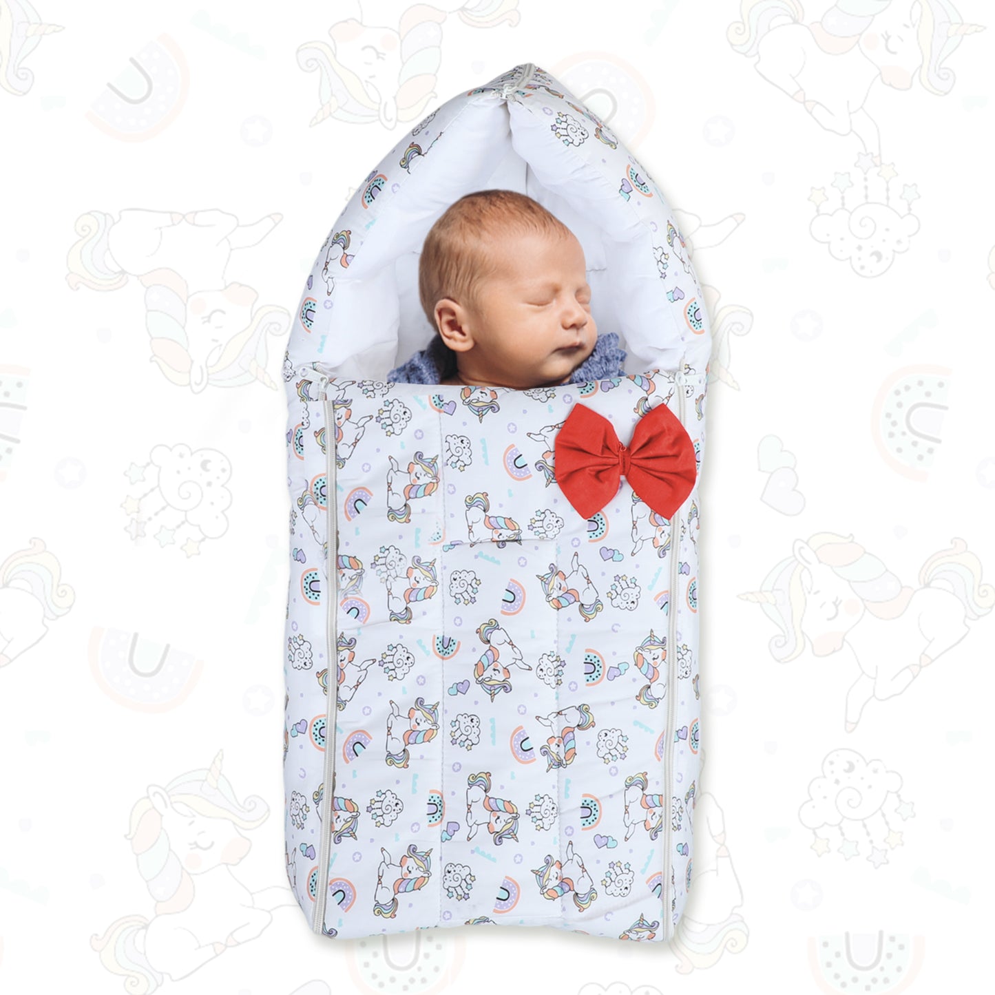 Polka Tots Baby Sleeping Nest Cotton Carry Pod Bedding for Newborn Sleeping Bag with a Bow -Unicorn print White