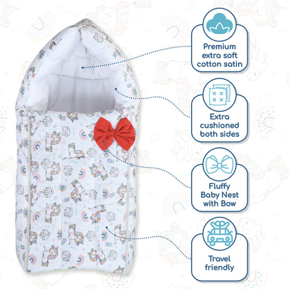 Polka Tots Baby Sleeping Nest Cotton Carry Pod Bedding for Newborn Sleeping Bag with a Bow -Unicorn print White