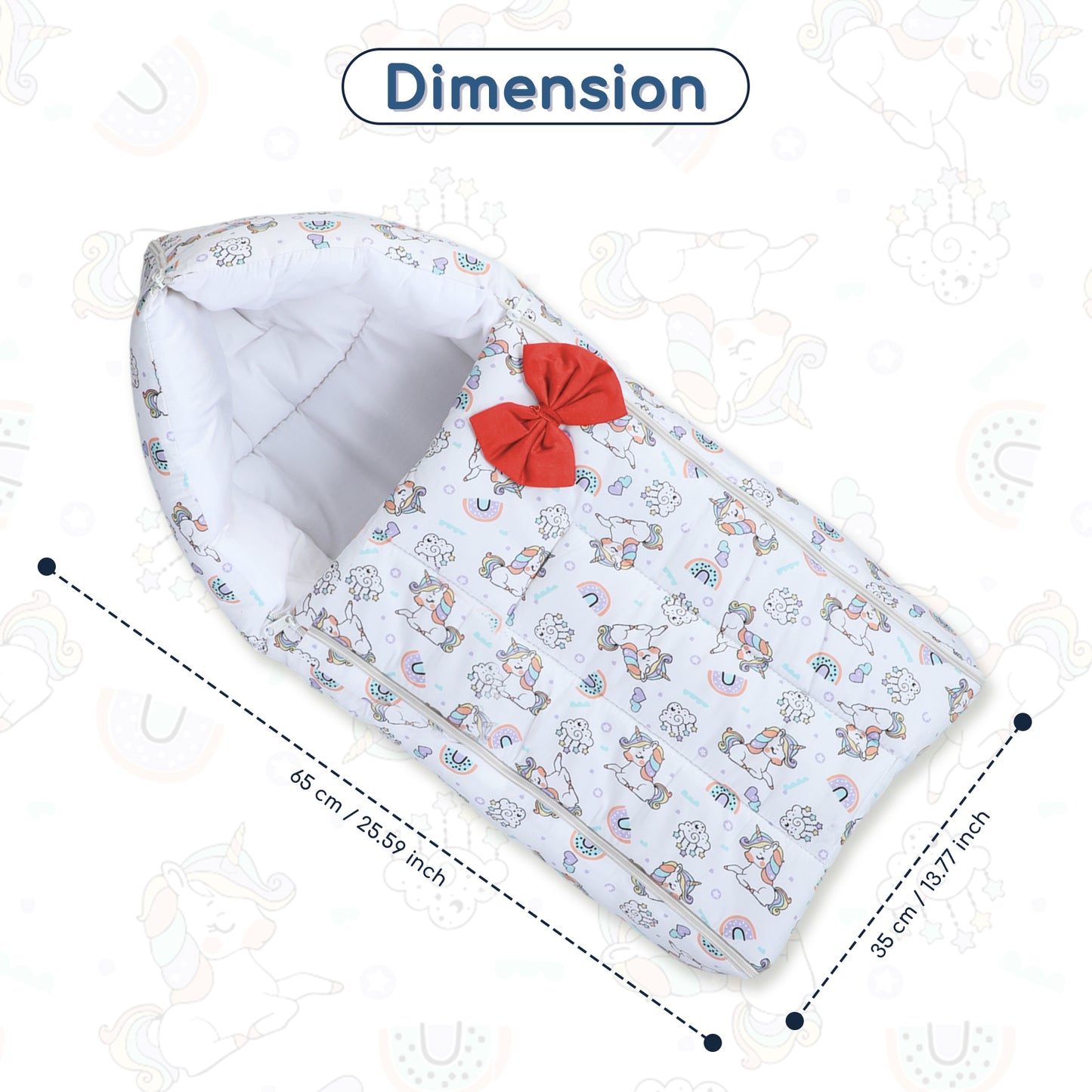 Polka Tots Baby Sleeping Nest Cotton Carry Pod Bedding for Newborn Sleeping Bag with a Bow -Unicorn print White