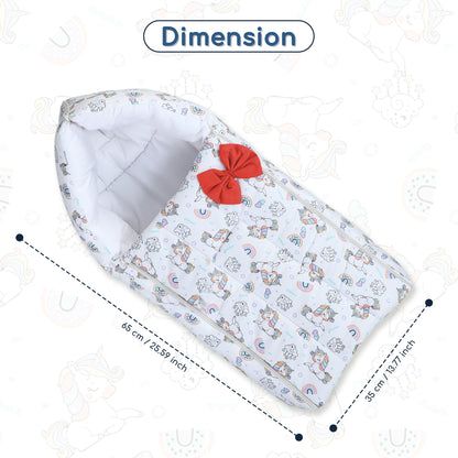 Polka Tots Baby Sleeping Nest Cotton Carry Pod Bedding for Newborn Sleeping Bag with a Bow -Unicorn print White