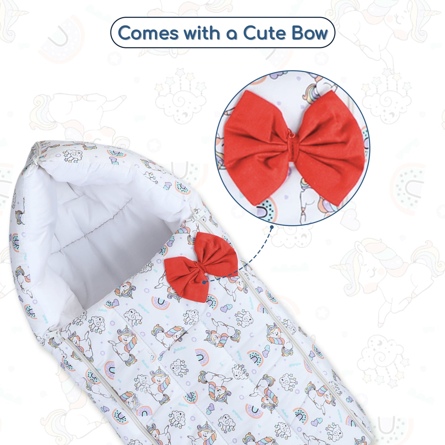 Polka Tots Baby Sleeping Nest Cotton Carry Pod Bedding for Newborn Sleeping Bag with a Bow -Unicorn print White