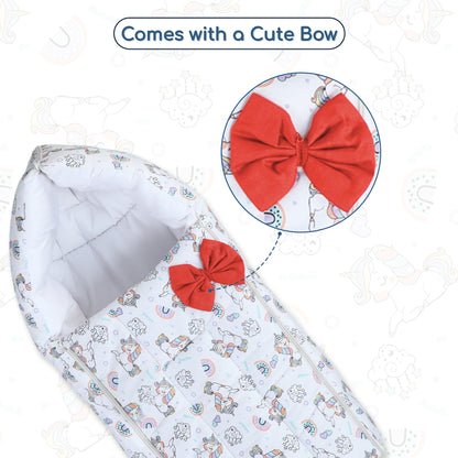 Polka Tots Baby Sleeping Nest Cotton Carry Pod Bedding for Newborn Sleeping Bag with a Bow -Unicorn print White