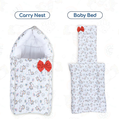 Polka Tots Baby Sleeping Nest Cotton Carry Pod Bedding for Newborn Sleeping Bag with a Bow -Unicorn print White