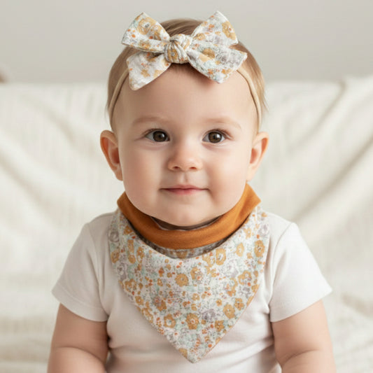 Polka Tots Baby Girl Set of 2 Floral Bow Headbands with Bib Set - Orange