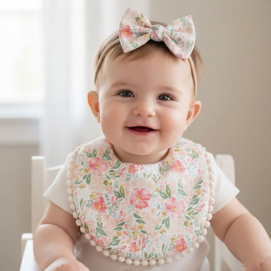 Polka Tots Set of 2 Floral Bow Headbands with Bib Set - Pink