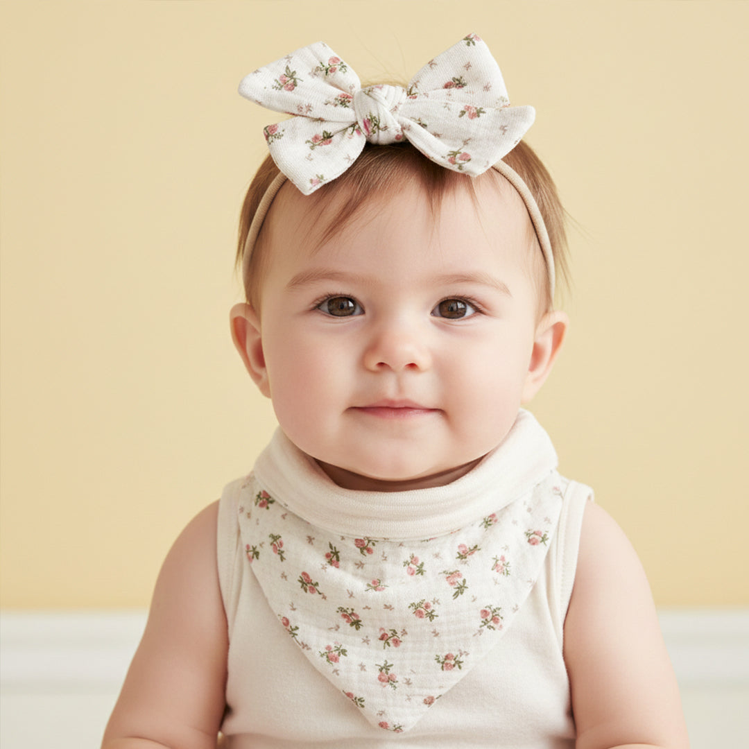 Polka Tots Baby Girl Set of 2 Floral Bow Headbands with Bib Set - White