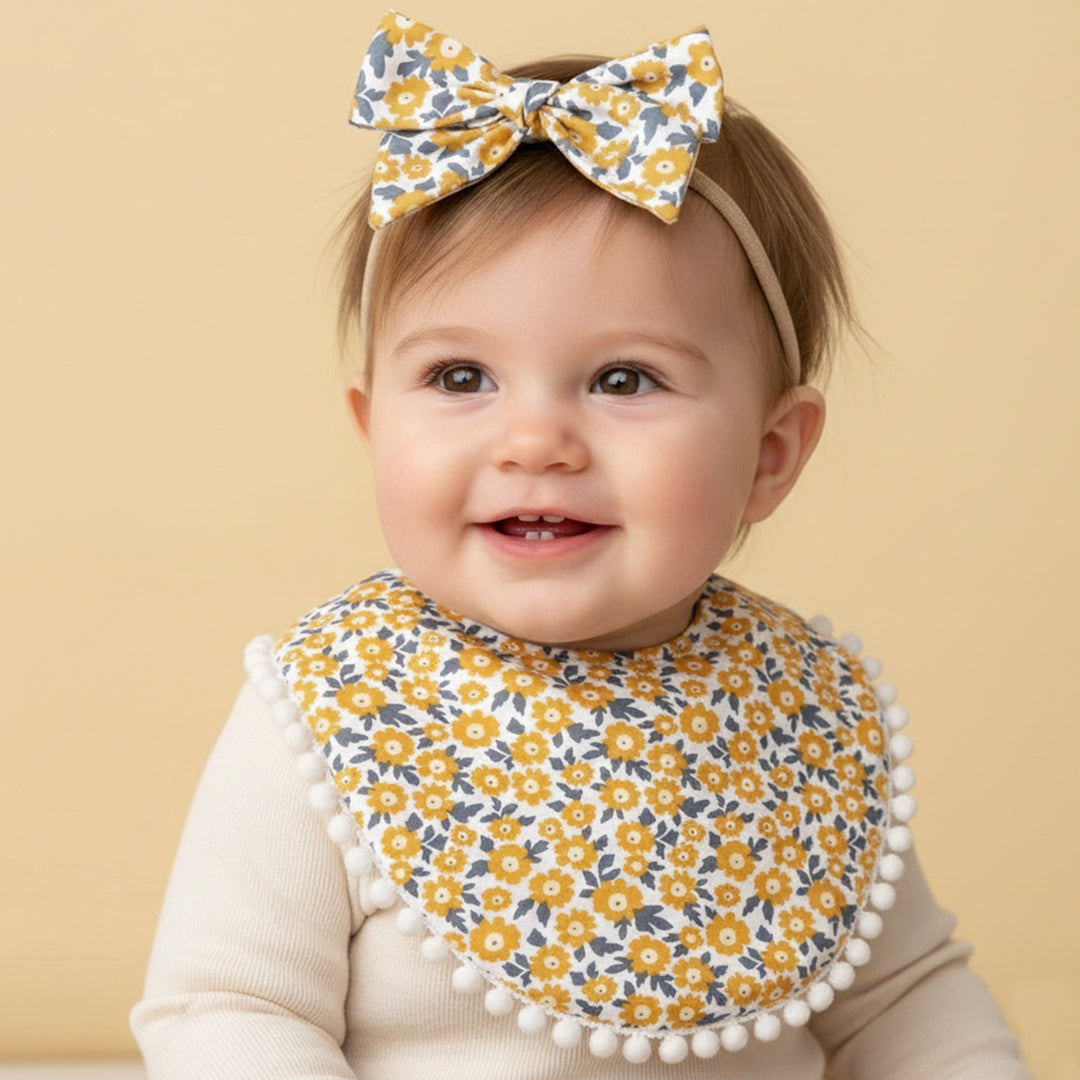 Polka Tots Set of 2 Floral Bow Headbands with Bib Set - Yellow