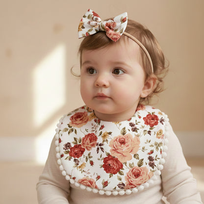 Polka Tots Set of 2 Floral Bow Headbands with Bib Set - White