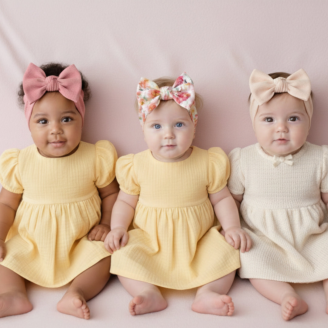 Polka Tots Pack of 3 Solid and Floral Print Bow Headbands Set - Multicolor