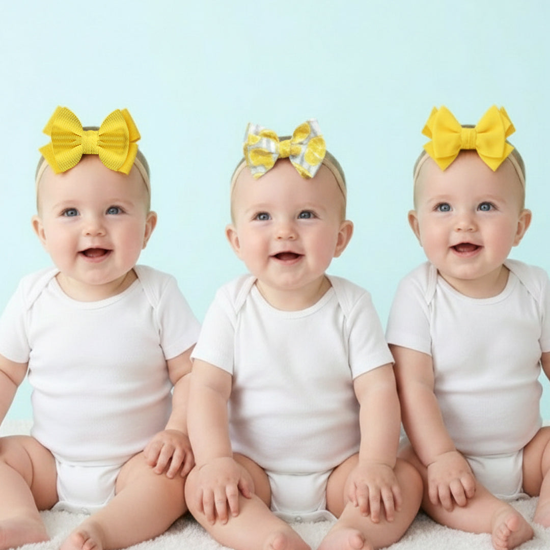 Polka Tots Pack of 3 Solid and Lemon Print Bow Headband Set  - Yellow