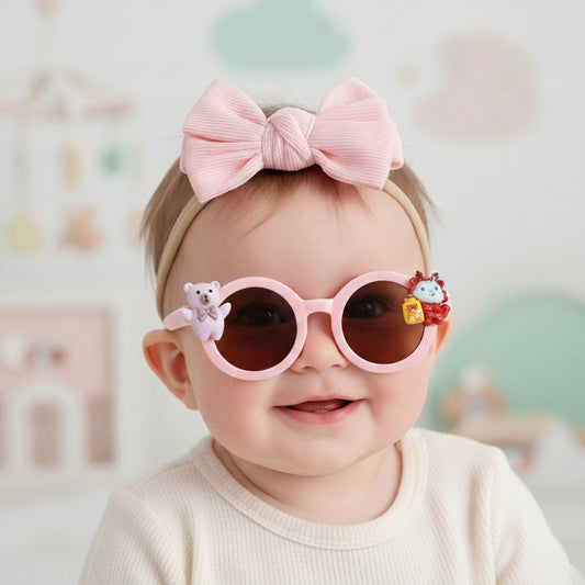 Polka Tots Baby Girls Bow Headband and Round Sunglasses Set with 5 Cute Embellishments - Baby Pink