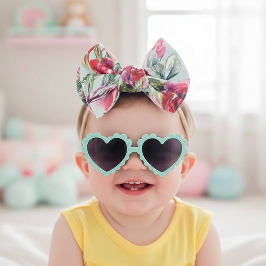 Polka Tots Baby Girls Floral Print Bow Headband with Heart Shaped Sunglasses Set - Aqua