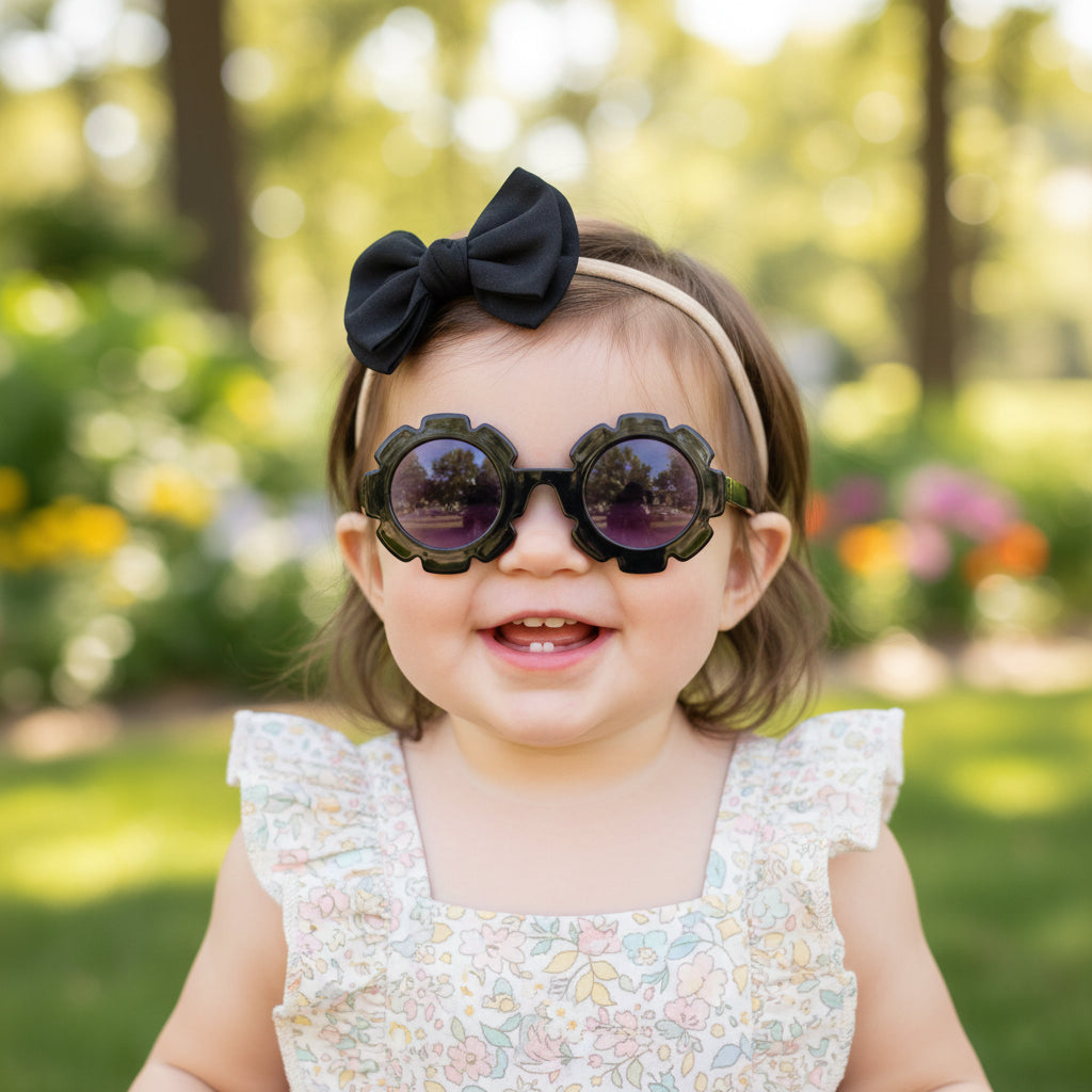 Polka Tots Baby Girls Bow Headband with Flower Shaped Sunglasses Set - Black