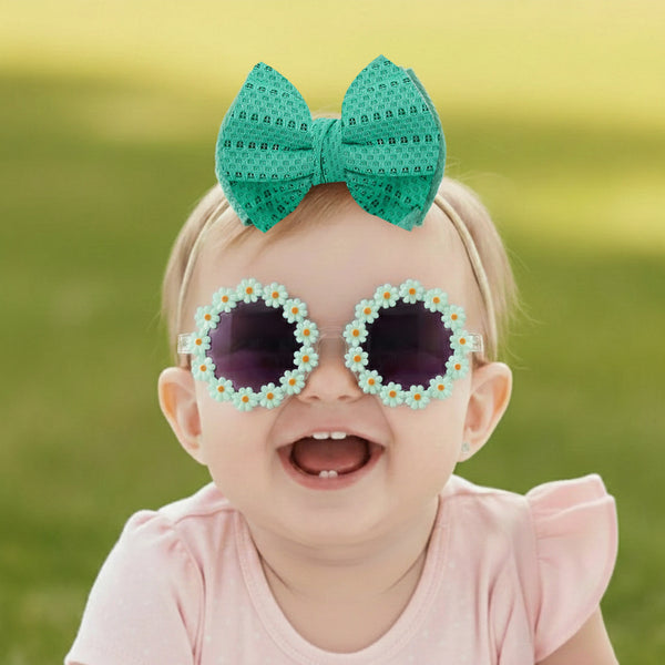 Polka Tots Baby Girls Schiffli Embroidered Bow Headband & Floral Sunglasses Set - Sea Green