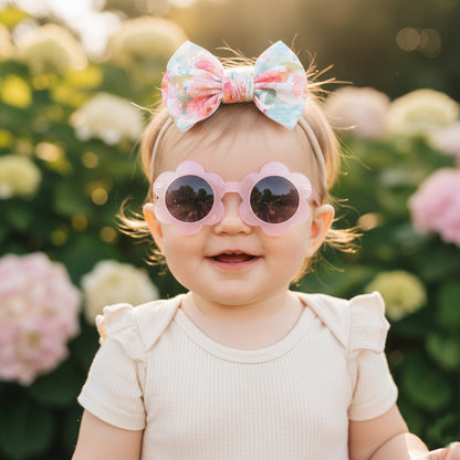 Polka Tots Baby Girls Floral Print Bow Headband with Flower Shaped Sunglasses Set - Multicolor