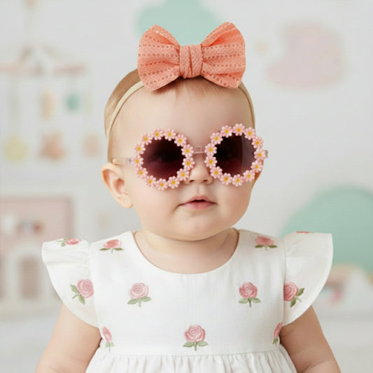Polka Tots Baby Girls Schiffli Embroidered Bow Headband & Floral Sunglasses Set - Peach
