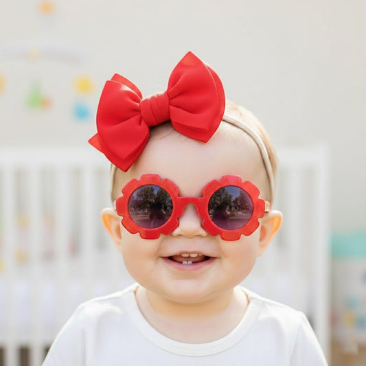 Polka Tots Baby Girls Bow Headband with Flower Shaped Sunglasses Set - Red