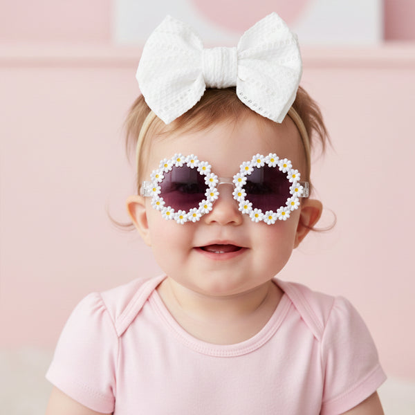 Polka Tots Baby Girls Schiffli Embroidered Bow Headband & Floral Sunglasses Set - White