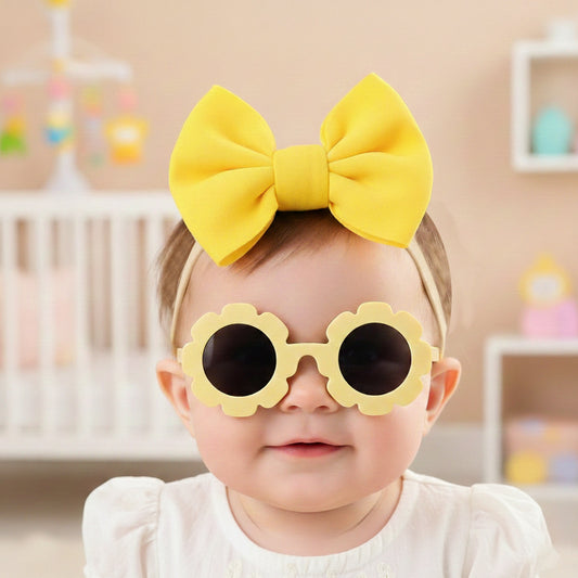 Polka Tots Baby Girls Bow Headband with Flower Shaped Sunglasses Set - Yellow