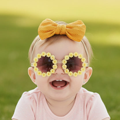 Polka Tots Baby Girls Schiffli Embroidered Bow Headband & Floral Sunglasses Set – Orange