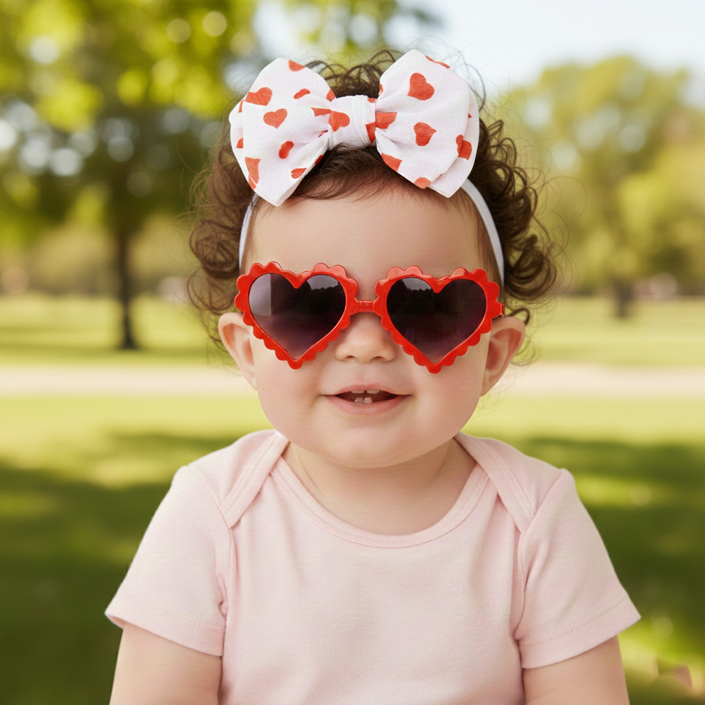 Polka Tots Baby Girls Heart Print Bow Headband with Heart Shaped Sunglasses Set  - Red