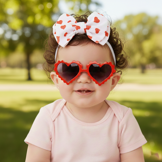 Polka Tots Baby Girls Heart Print Bow Headband with Heart Shaped Sunglasses Set  - Red