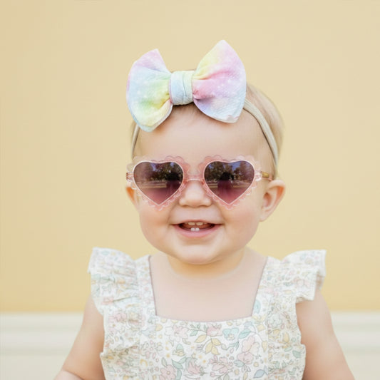 Polka Tots Baby Girls Rainbow Print Bow Headband with Heart Shaped Sunglasses Set – Pink