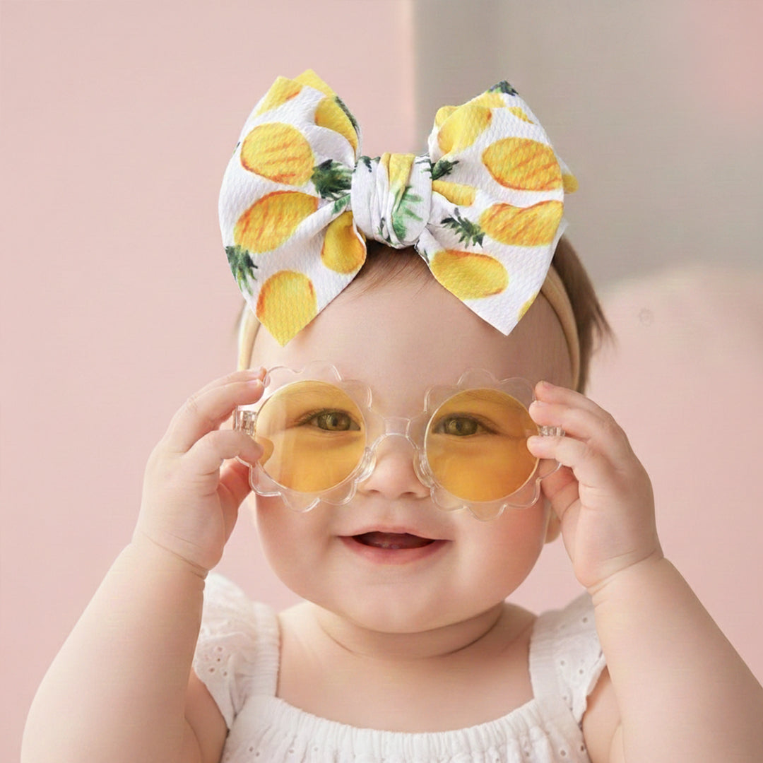 Polka Tots Baby Girls Pineapple Print Bow Headband with Flower Shaped Sunglasses Set - Yellow