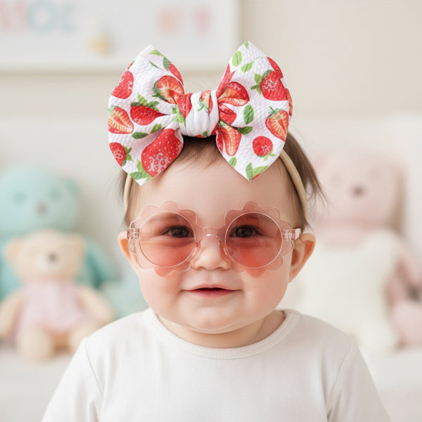 Polka Tots Baby Girls Strawberry Print Bow Headband with Flower Shaped Sunglasses Set - Red
