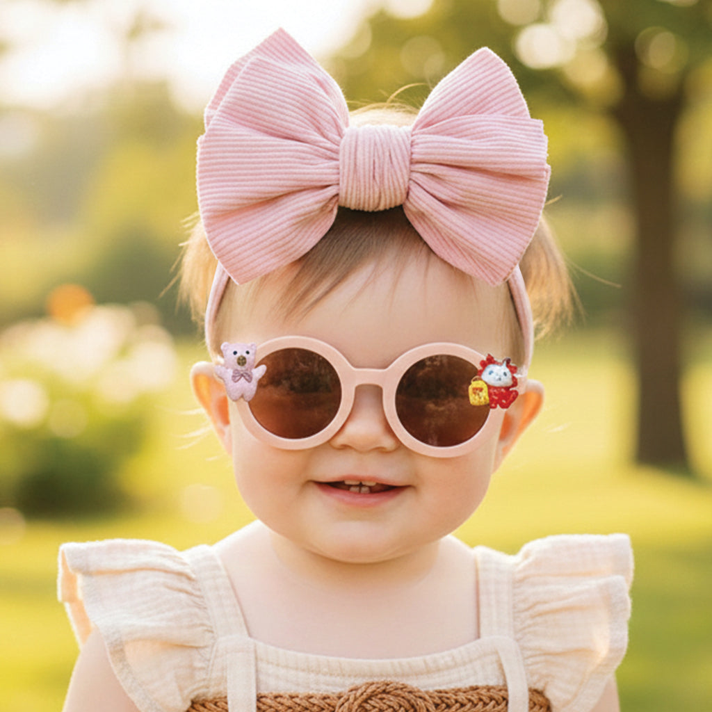 Polka Tots Baby Girls Bow Headband and Round Sunglasses Set with 5 Cute Embellishments - Soft Wine