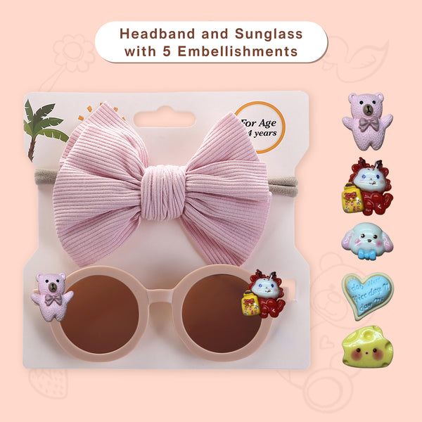 Polka Tots Baby Girls Bow Headband and Round Sunglasses Set with 5 Cute Embellishments - Soft Wine