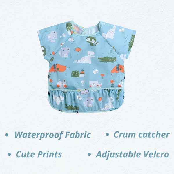 POLKA TOTS Half Sleeve Baby Bibs for Toddlers Feeding Apron with Pocket Washable/Reusable Baby Drooling Apron (6-24 Months) (Animal Design)