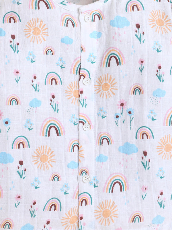 MulMul Sparsh Full Sleeve Rainbow Print Muslin Jabla & Pant Set – White