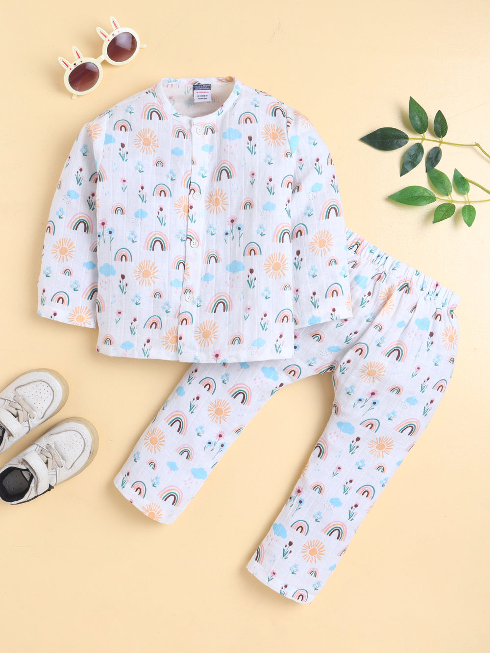 MulMul Sparsh Full Sleeve Rainbow Print Muslin Jabla & Pant Set – White