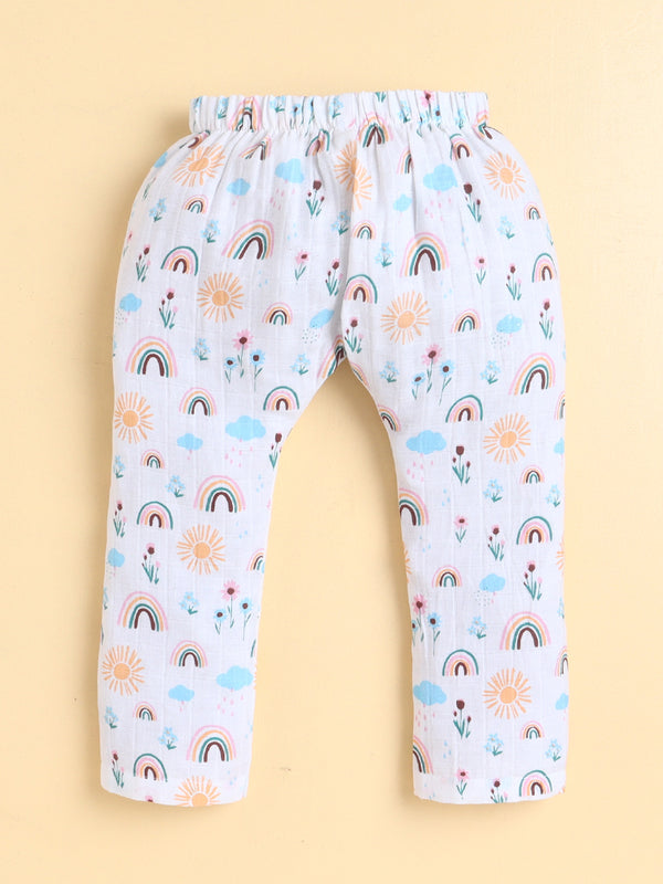 MulMul Sparsh Full Sleeve Rainbow Print Muslin Jabla & Pant Set – White