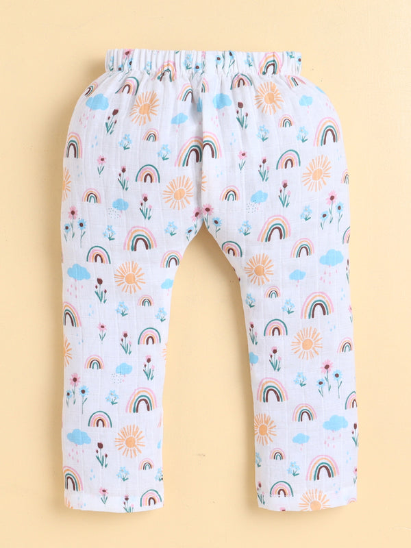 MulMul Sparsh Full Sleeve Rainbow Print Muslin Jabla & Pant Set – White