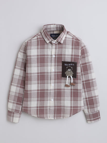 Polka Tots Full Sleeves Cotton Checked Shirt with Bear Patch - Brown