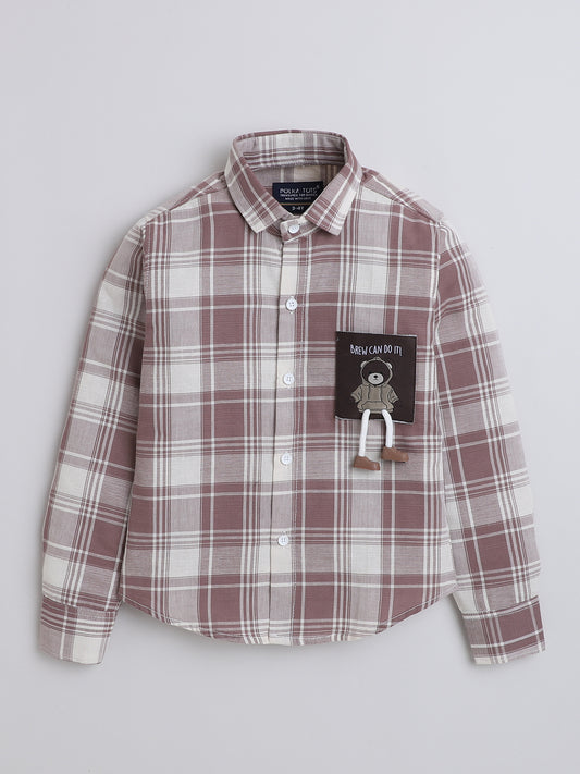 Polka Tots Full Sleeves Cotton Checked Shirt with Bear Patch - Brown